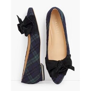 Talbots Plaid Bow Flats Womens 7.5M Navy Green Textile Leather Sole shoes